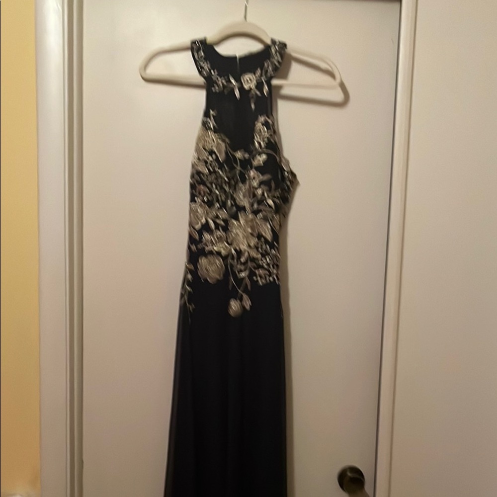 Cachet Blue and Gold Embellished Halter Maxi Gown